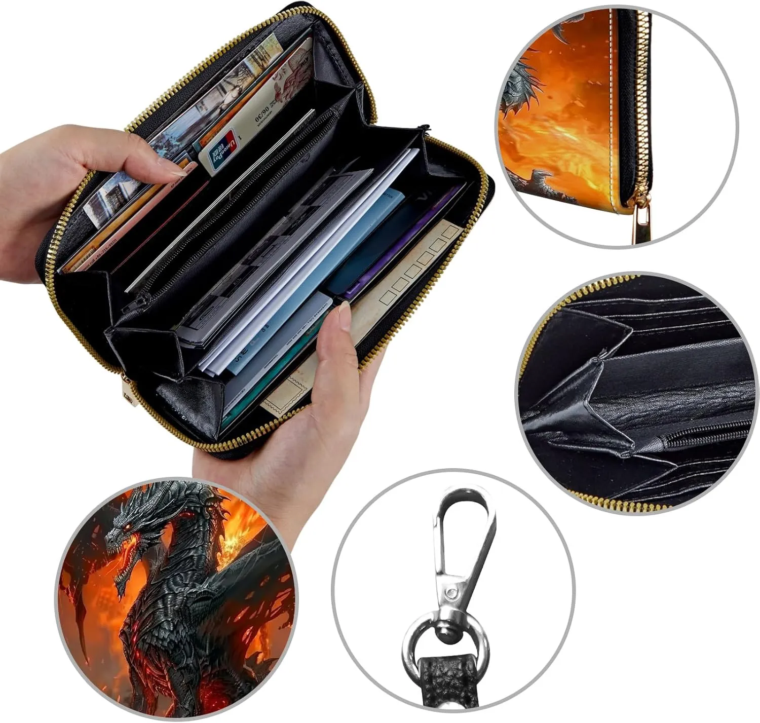 Women's Wallets,Credit Card Holder Money Leather Long Wallet with Wristlet,Large Capacity with Zip-Around Phone Purse for Women Ladies Girls,Firedragon