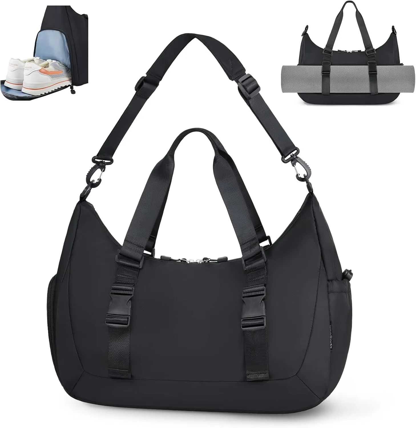 WOOMADA Gym Bag for Women with Yoga Mat Holder, Yoga Duffle Bag with Shoe Compartment, Multi-Purpose Travel, Workout, Dance, Sports Bag(Black)