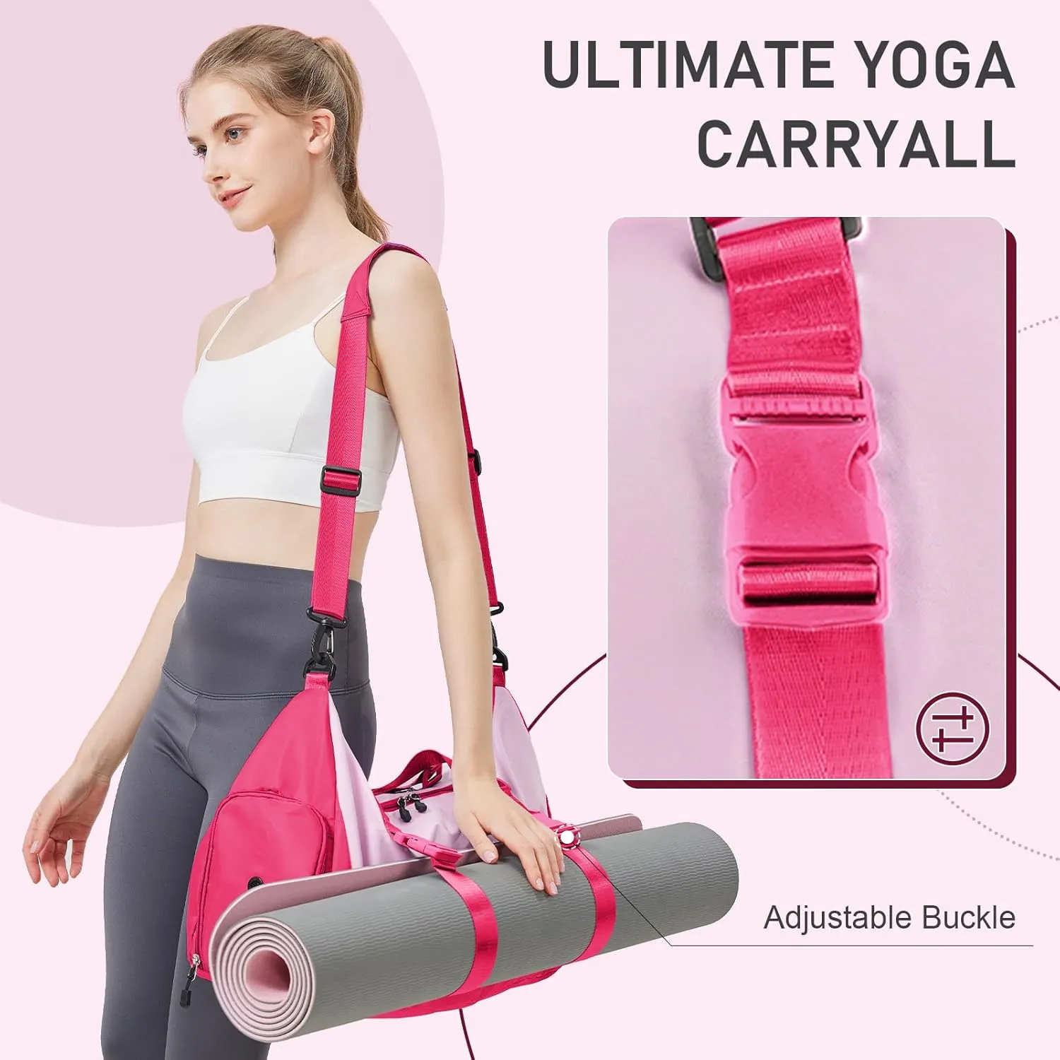 WOOMADA Gym Bag for Women with Yoga Mat Holder, Yoga Duffle Bag with Shoe Compartment, Multi-Purpose Travel, Workout, Dance, Sports Bag(Hot Pink)