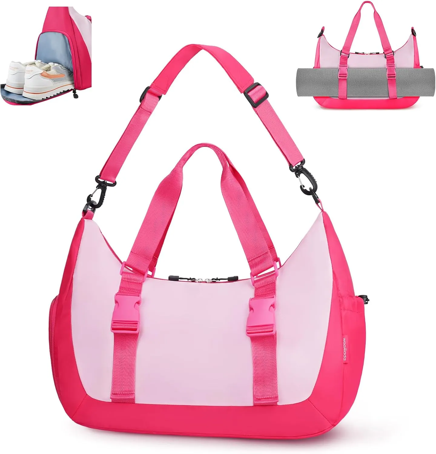WOOMADA Gym Bag for Women with Yoga Mat Holder, Yoga Duffle Bag with Shoe Compartment, Multi-Purpose Travel, Workout, Dance, Sports Bag(Hot Pink)