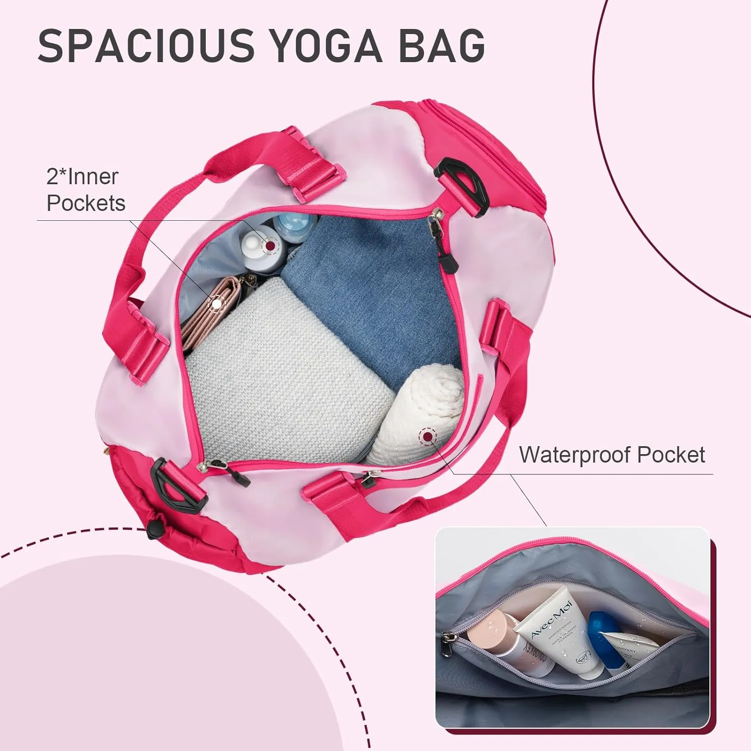 WOOMADA Gym Bag for Women with Yoga Mat Holder, Yoga Duffle Bag with Shoe Compartment, Multi-Purpose Travel, Workout, Dance, Sports Bag(Hot Pink)