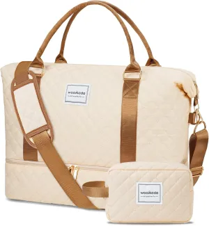 WOOMADA Weekender Bag for Women, Carry on Travel Duffel with Shoes Compartment, Large Size, Overnight Duffel with Toiletry Bag(beige&brown)