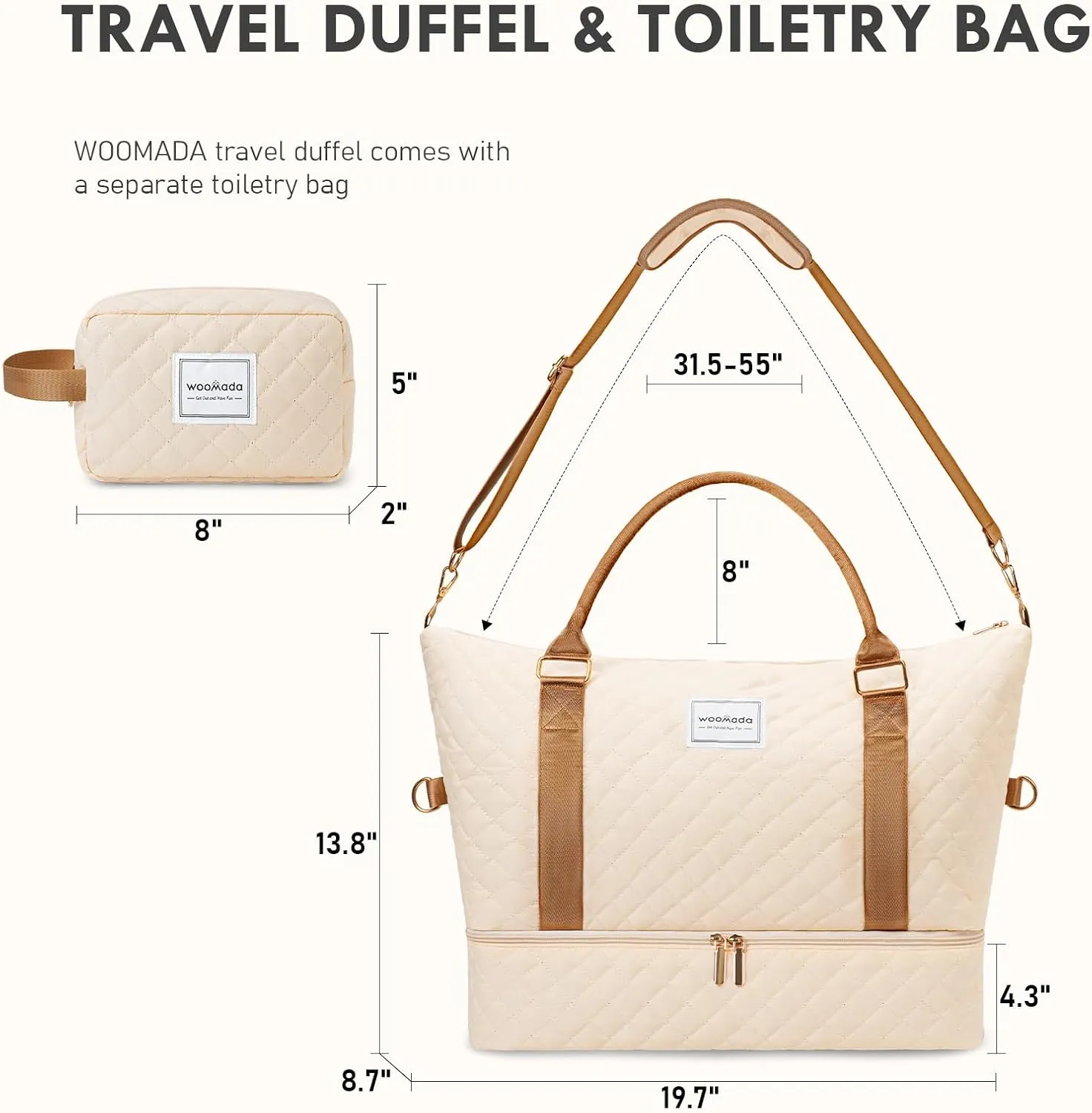 WOOMADA Weekender Bag for Women, Carry on Travel Duffel with Shoes Compartment, Large Size, Overnight Duffel with Toiletry Bag(beige&brown)