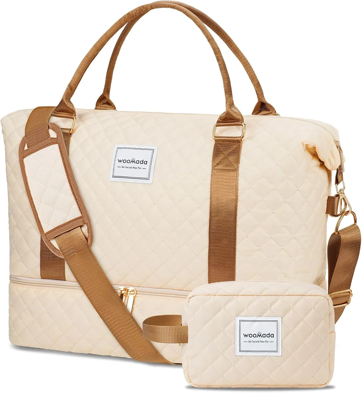 WOOMADA Weekender Bag for Women, Carry on Travel Duffel with Shoes Compartment, Large Size, Overnight Duffel with Toiletry Bag(beige&brown)