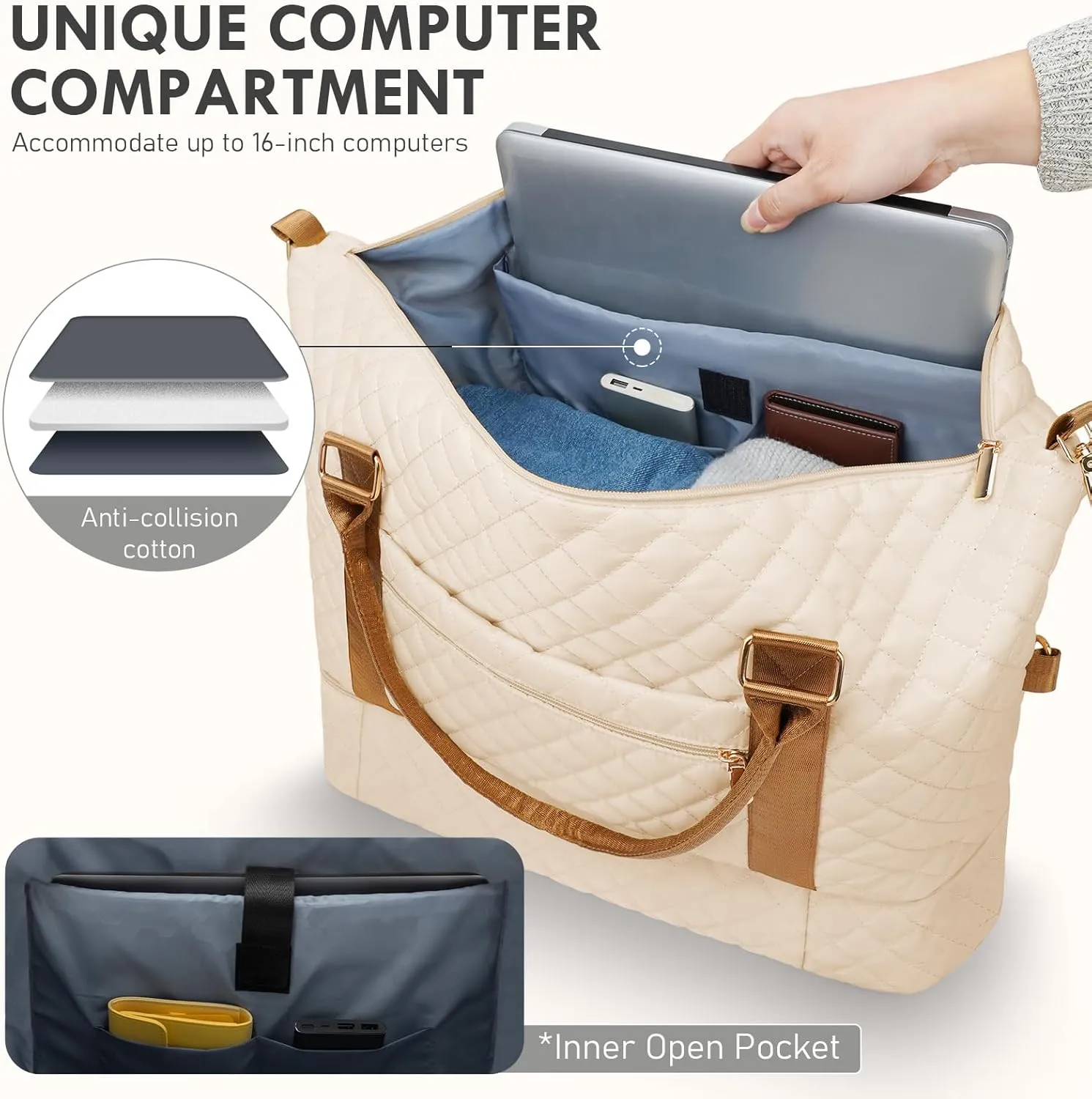 WOOMADA Weekender Bag for Women, Carry on Travel Duffel with Shoes Compartment, Large Size, Overnight Duffel with Toiletry Bag(beige&brown)