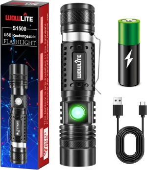wowlite Flashlight Rechargeable, Super Bright Pocket LED Flashlights with 4 Modes, Zoomable High Lumens Small Flash Light for Home Emergency, Gifts for Camping Essentials Camper Gear (Black)