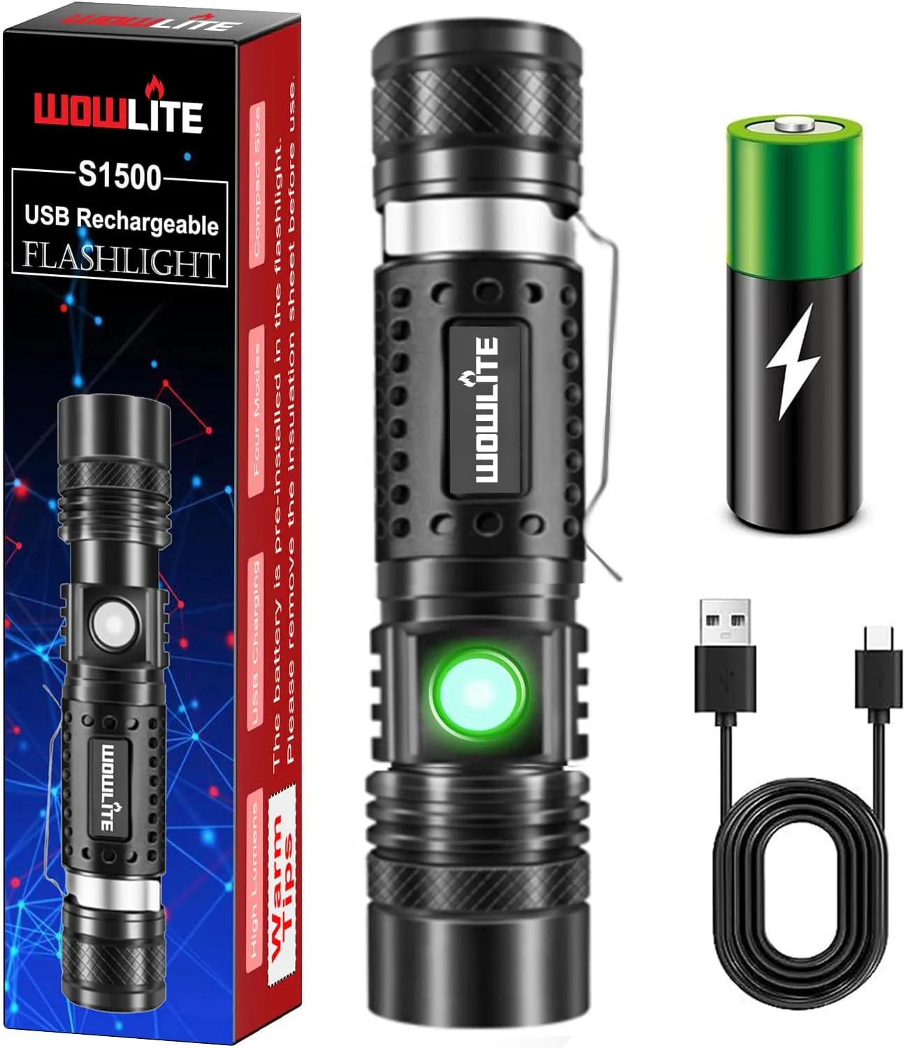 wowlite Flashlight Rechargeable, Super Bright Pocket LED Flashlights with 4 Modes, Zoomable High Lumens Small Flash Light for Home Emergency, Gifts for Camping Essentials Camper Gear (Black)