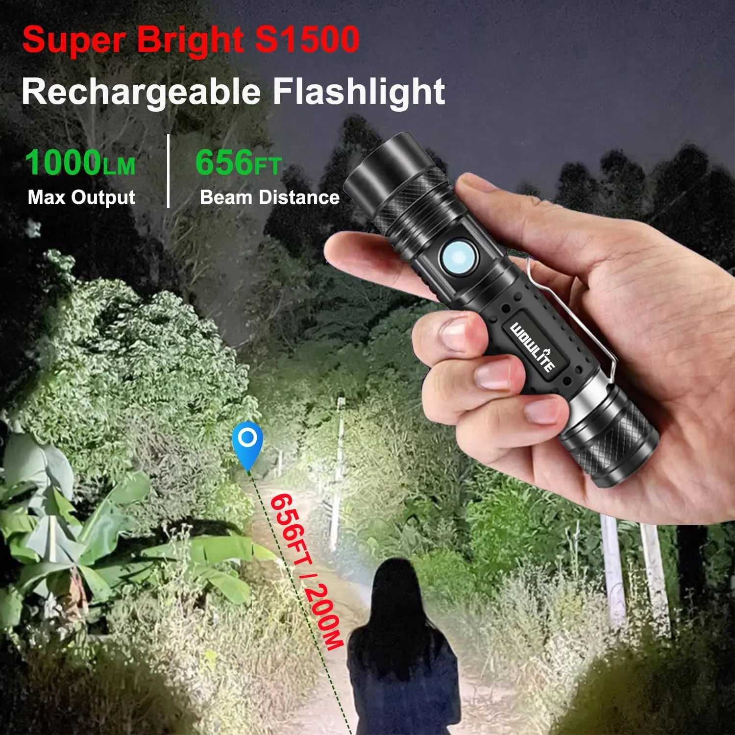 wowlite Flashlight Rechargeable, Super Bright Pocket LED Flashlights with 4 Modes, Zoomable High Lumens Small Flash Light for Home Emergency, Gifts for Camping Essentials Camper Gear (Black)