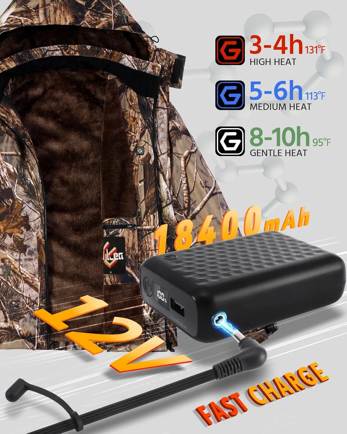 Wulcea Graphene Heated Jacket for Men Fur Lined with Large Capacity Battery Pack