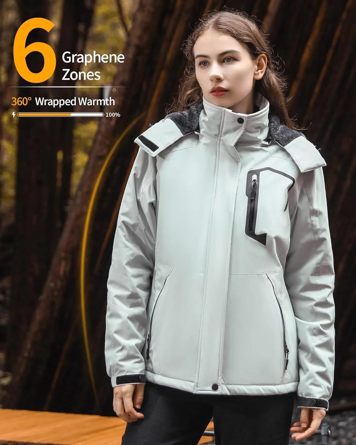 Wulcea Graphene Heated Jacket for Women Fur Lined with Large Capacity Battery Pack