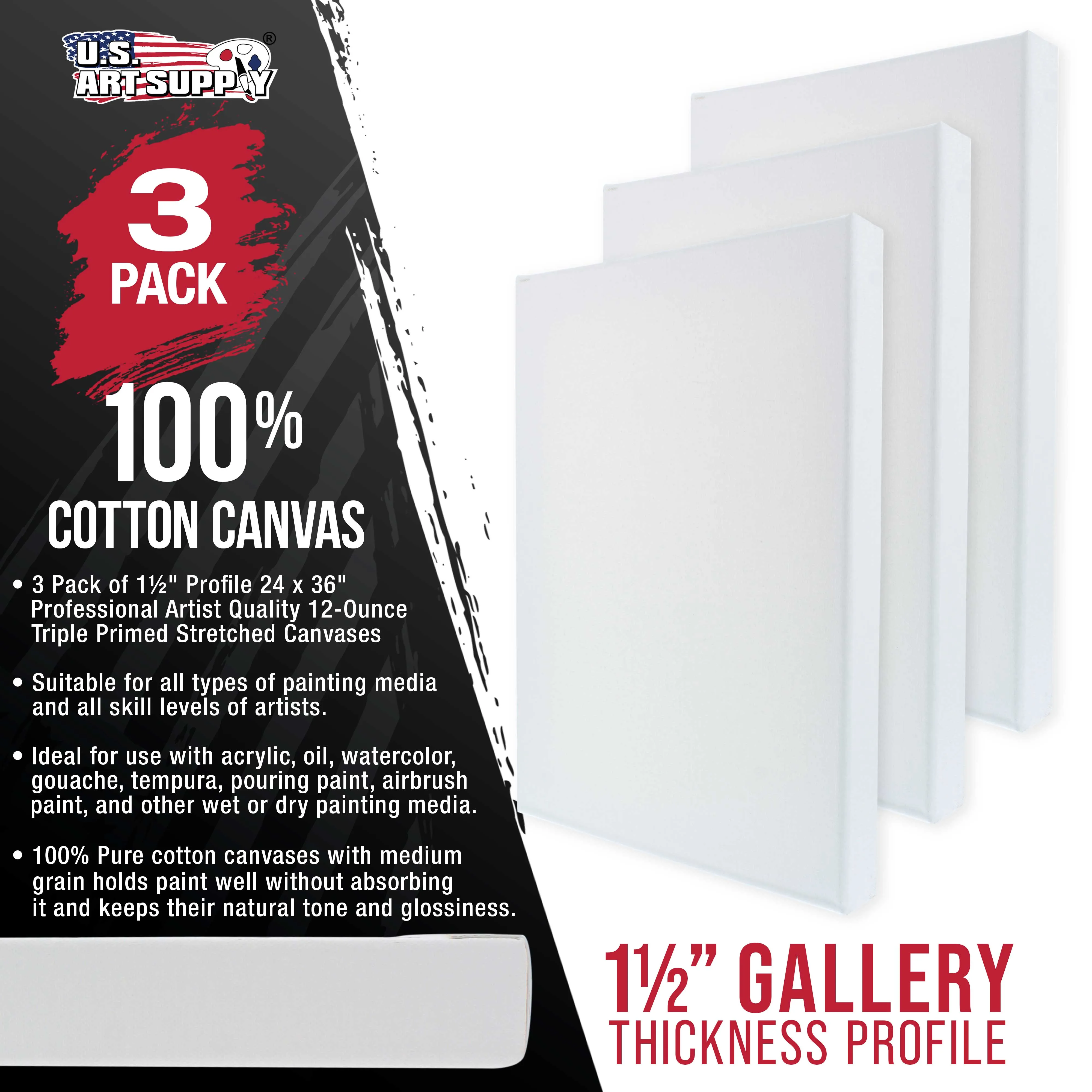 X-Large Stretched Canvas for Painting 24x36 inch Gallery Depth 1-1/2" Thick, 3-Pack - 12oz Acrylic Gesso Triple Primed, Professional Artist Quality, 100% Cotton - Oil, Pouring Paint