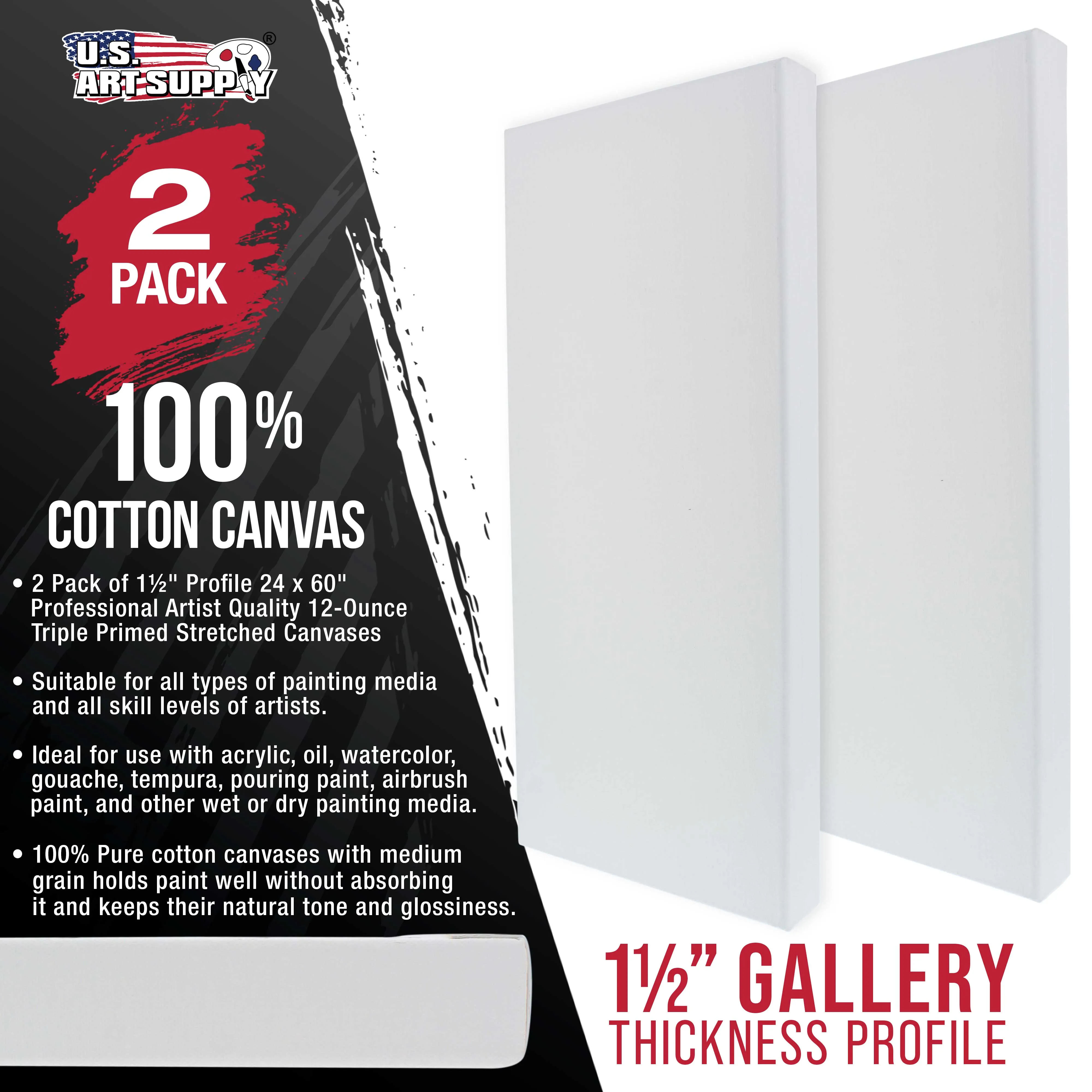 X-Large Stretched Canvas for Painting 24x60 inch Gallery Depth 1-1/2" Thick, 2-Pack - 12oz Acrylic Gesso Triple Primed, Professional Artist Quality, 100% Cotton - Oil, Pouring Paint