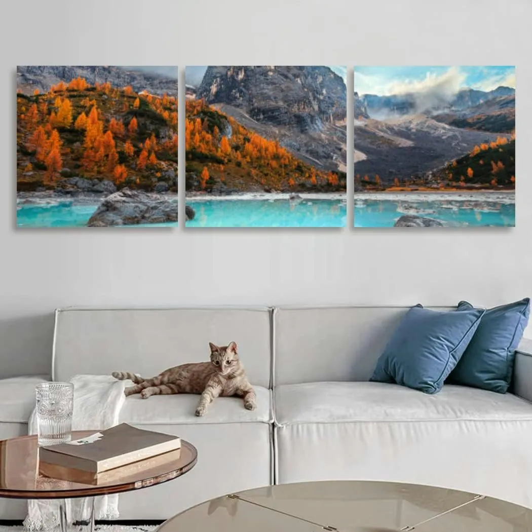 XidexFara Autumn alpine landscape turquoise glacier lake Italy 3 Piece Canvas Wall Art for Living Room Bedroom Office Framed Prints Pictures Painting Wall Decor Artwork for Walls Set of 3