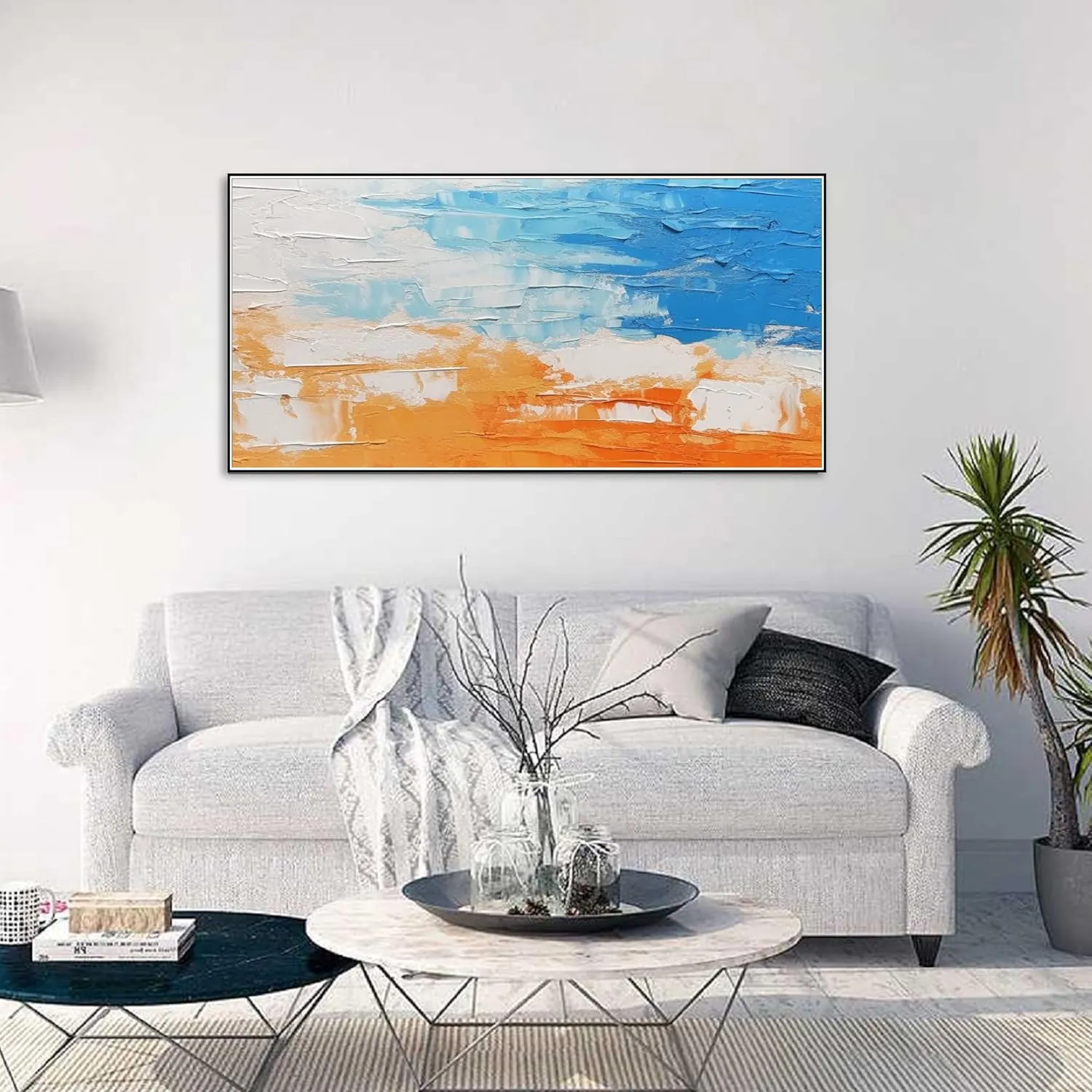 Yahedoba Blue and white abstract hand-painted acrylic decoration painting, modern minimalist,(81 * 162cm) 32 * 64 Inches,Unstretched,Frameless