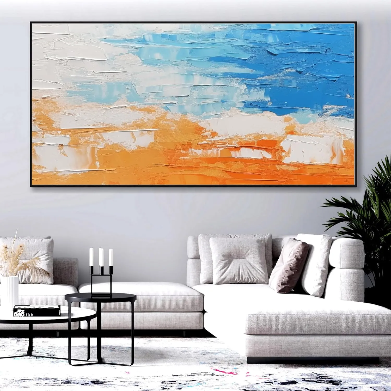 Yahedoba Blue and white abstract hand-painted acrylic decoration painting, modern minimalist,(81 * 162cm) 32 * 64 Inches,Unstretched,Frameless