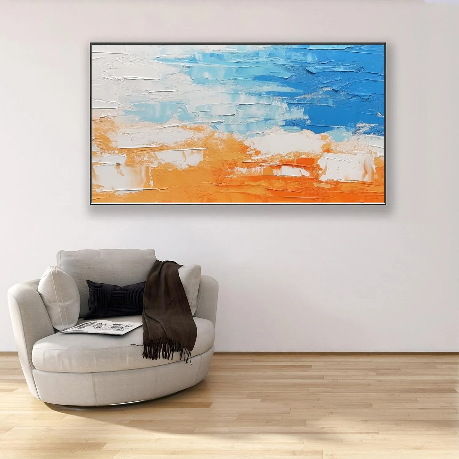 Yahedoba Blue and white abstract hand-painted acrylic decoration painting, modern minimalist,(81 * 162cm) 32 * 64 Inches,Unstretched,Frameless