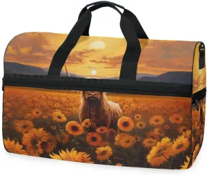 Yak Cattle Sunflower Travel Duffel Bag Luggage Sports Gym Bags With Shoes Compartment Large Capacity Lightweight Duffle Bag For Men Women