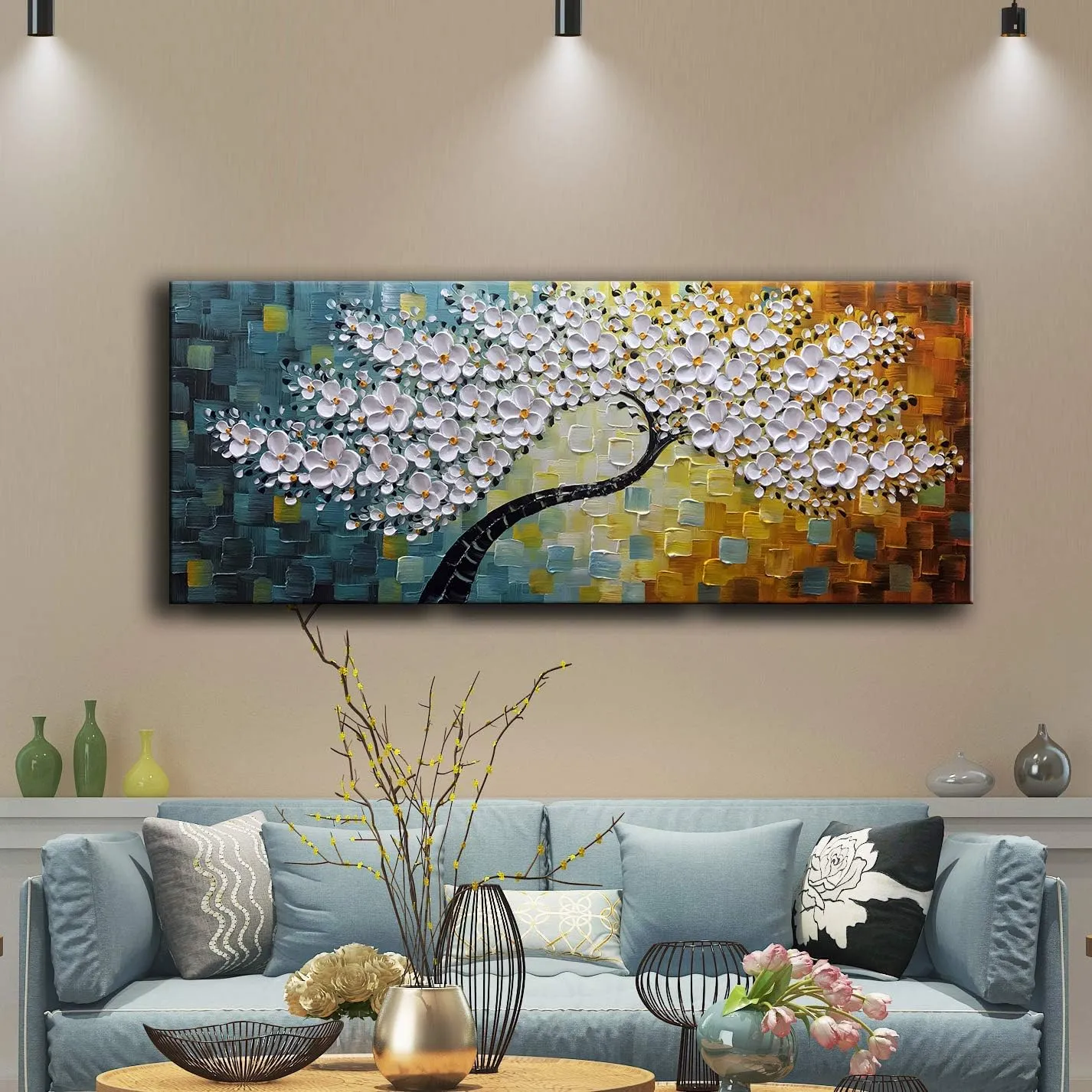 YaSheng Art -100% Hand Painted Contemporary Art Oil Painting On Canvas Texture White 3D Flower Paintings Modern Home Bedroom Living Room Wall Decor Abstract Art Paintings Large Canvas Art 24x60inch
