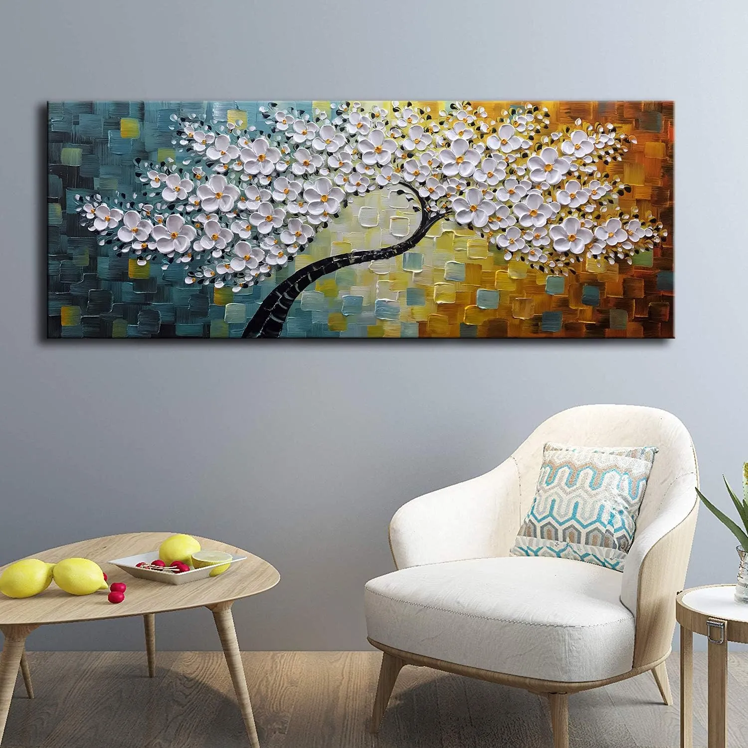 YaSheng Art -100% Hand Painted Contemporary Art Oil Painting On Canvas Texture White 3D Flower Paintings Modern Home Bedroom Living Room Wall Decor Abstract Art Paintings Large Canvas Art 24x60inch