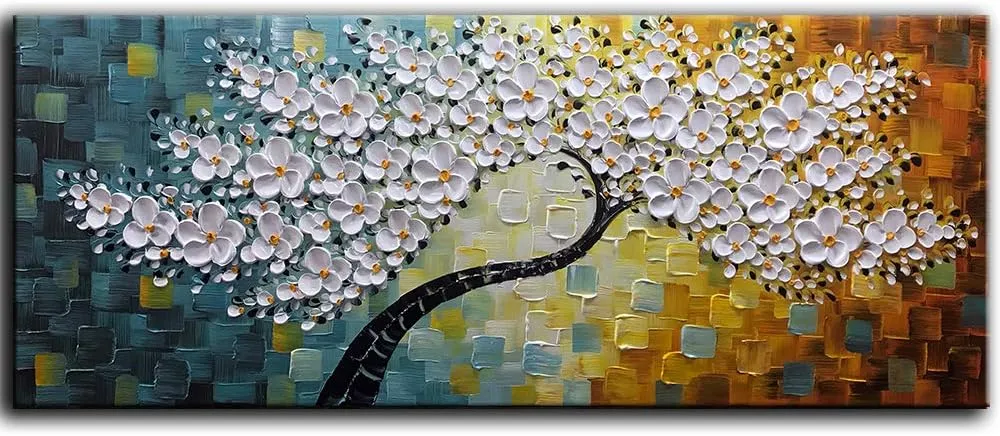 YaSheng Art -100% Hand Painted Contemporary Art Oil Painting On Canvas Texture White 3D Flower Paintings Modern Home Bedroom Living Room Wall Decor Abstract Art Paintings Large Canvas Art 24x60inch