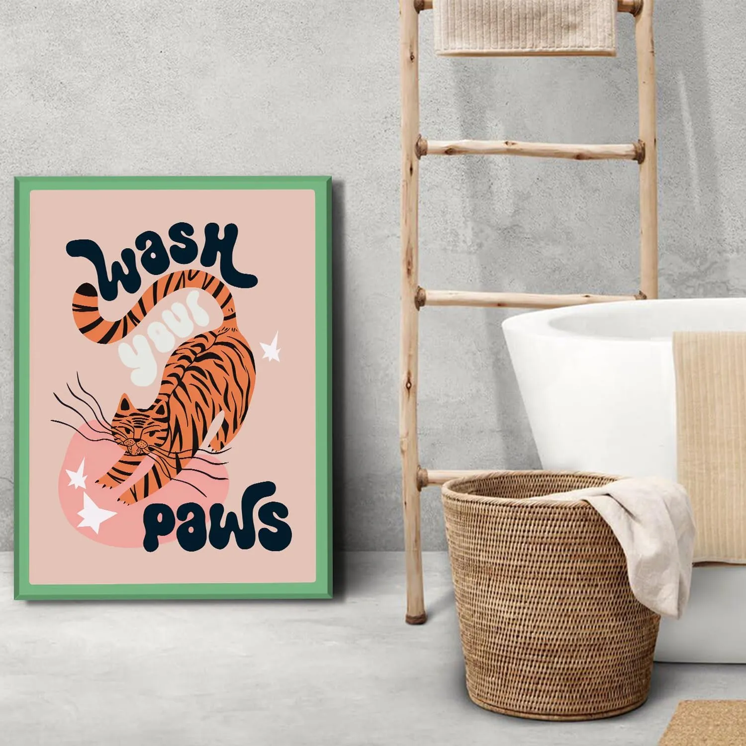 YFvrPt Funny Bathroom Animal Wall Art, Tiger Wash Your Paws Bathroom Wall Decor, Cute Eclectic Restroom Poster Canvas Prints Funky Maximalist Toilet Sign for Kids Room Nursery Framed 16x24 inch