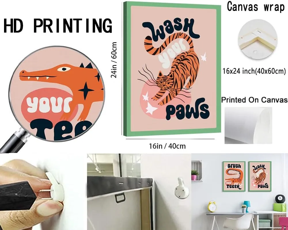 YFvrPt Funny Bathroom Animal Wall Art, Tiger Wash Your Paws Bathroom Wall Decor, Cute Eclectic Restroom Poster Canvas Prints Funky Maximalist Toilet Sign for Kids Room Nursery Framed 16x24 inch