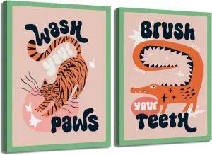YFvrPt Funny Bathroom Animal Wall Art, Tiger Wash Your Paws Bathroom Wall Decor, Cute Eclectic Restroom Poster Canvas Prints Funky Maximalist Toilet Sign for Kids Room Nursery Framed 16x24 inch