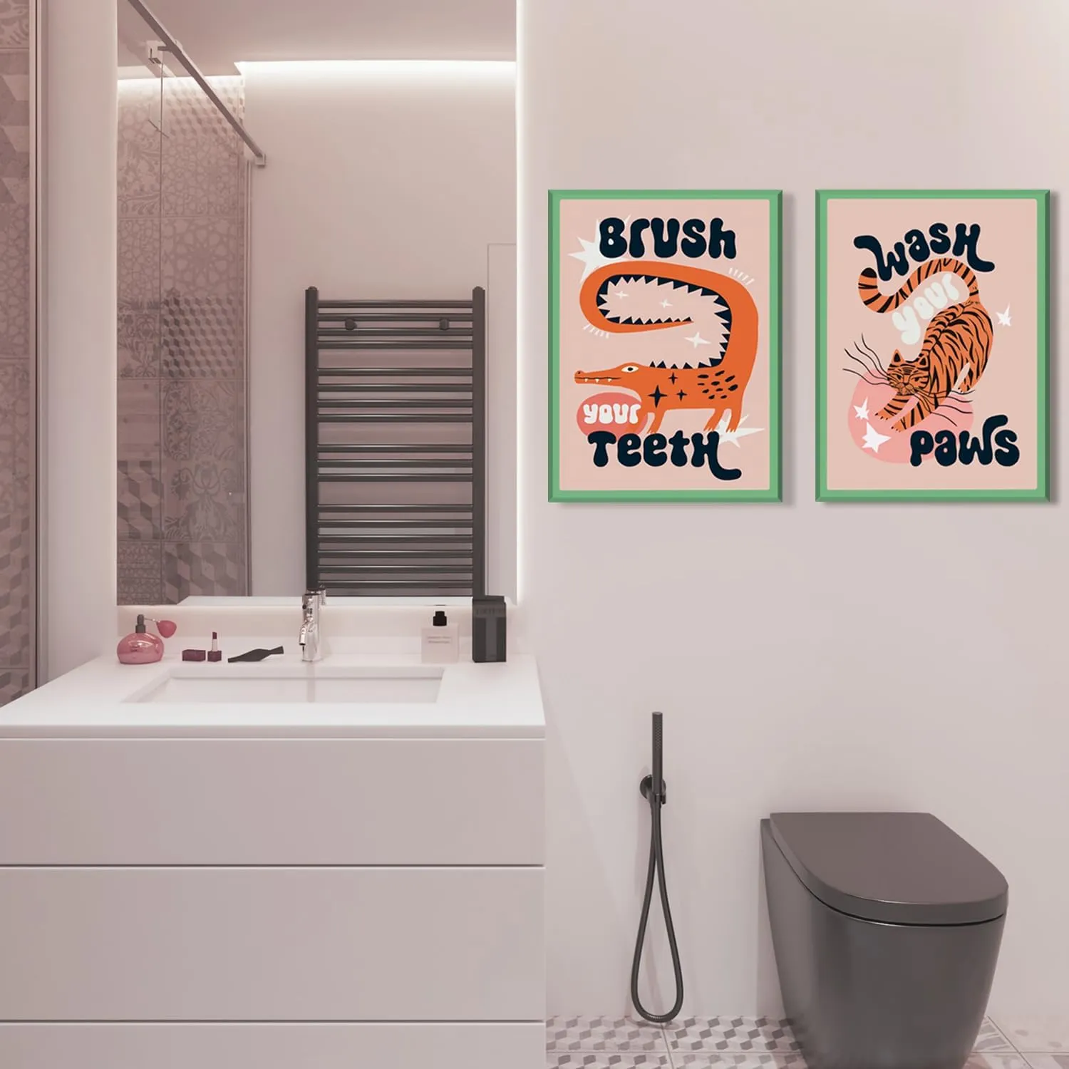 YFvrPt Funny Bathroom Animal Wall Art, Tiger Wash Your Paws Bathroom Wall Decor, Cute Eclectic Restroom Poster Canvas Prints Funky Maximalist Toilet Sign for Kids Room Nursery Framed 16x24 inch