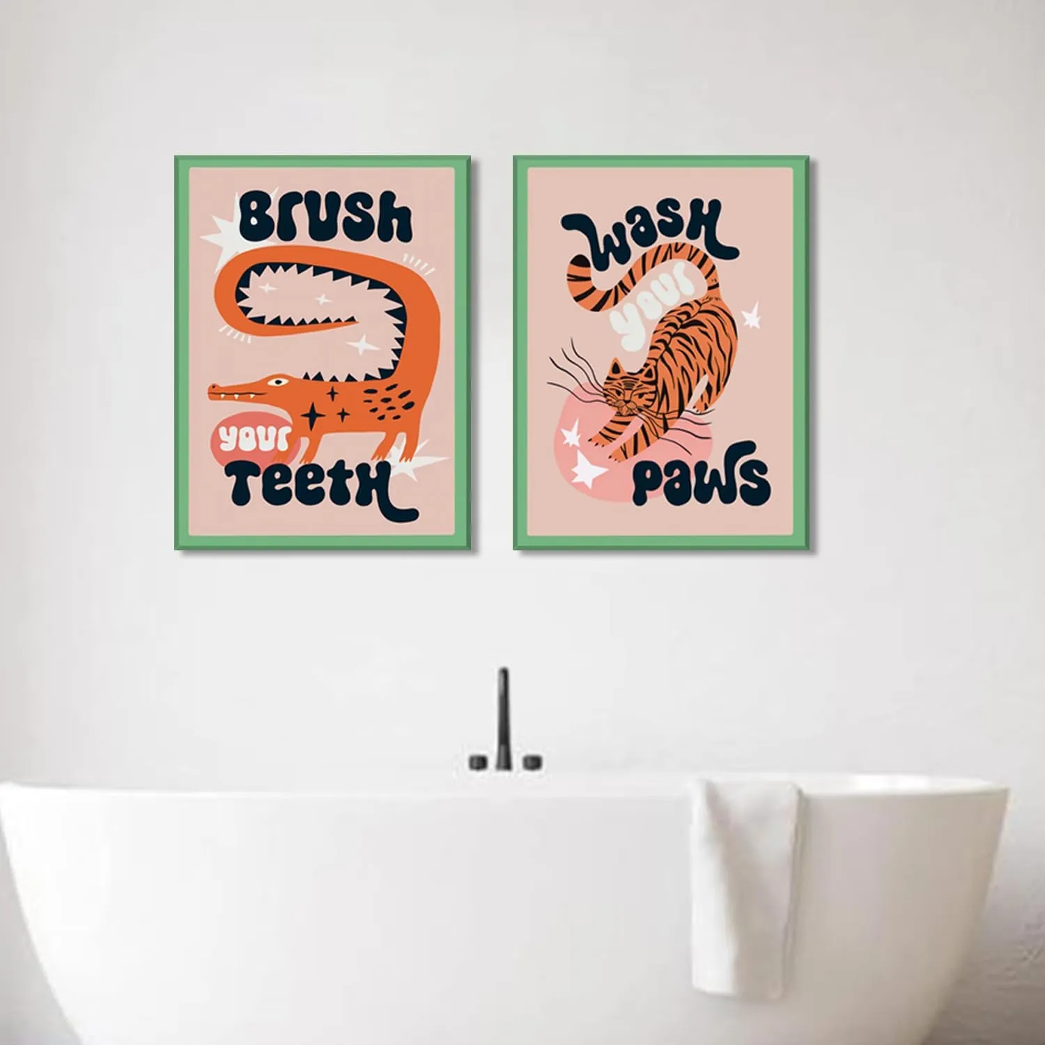 YFvrPt Funny Bathroom Animal Wall Art, Tiger Wash Your Paws Bathroom Wall Decor, Cute Eclectic Restroom Poster Canvas Prints Funky Maximalist Toilet Sign for Kids Room Nursery Framed 16x24 inch
