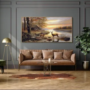 yiijeah Deer Pictures Wall Decor - Autumn Rustic Forest Cabin Painting Prints Wildlife Pictures Animal Elk Poster Canvas Wall Art Modern Hunting Decor Framed Artwork for Walls