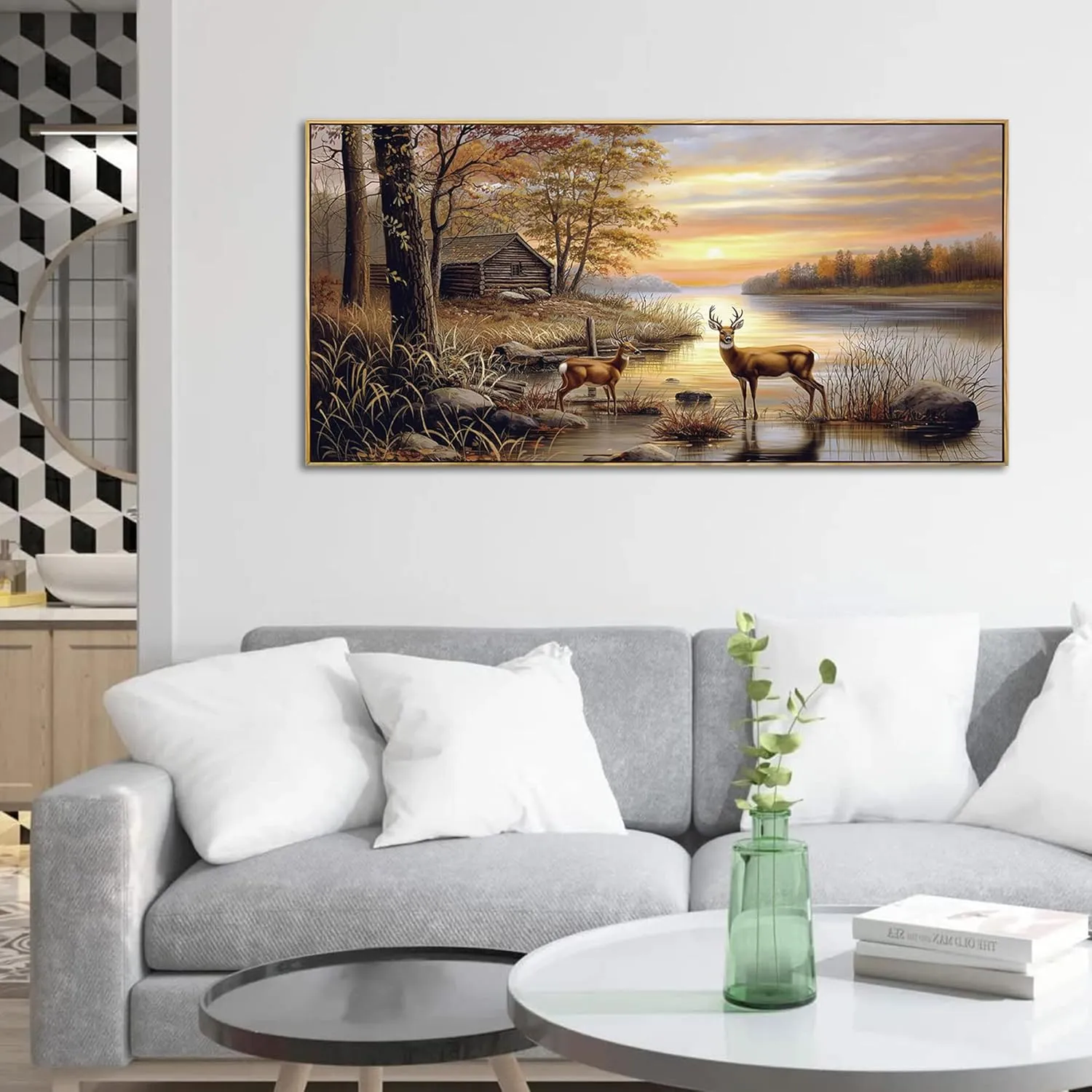yiijeah Deer Pictures Wall Decor - Autumn Rustic Forest Cabin Painting Prints Wildlife Pictures Animal Elk Poster Canvas Wall Art Modern Hunting Decor Framed Artwork for Walls