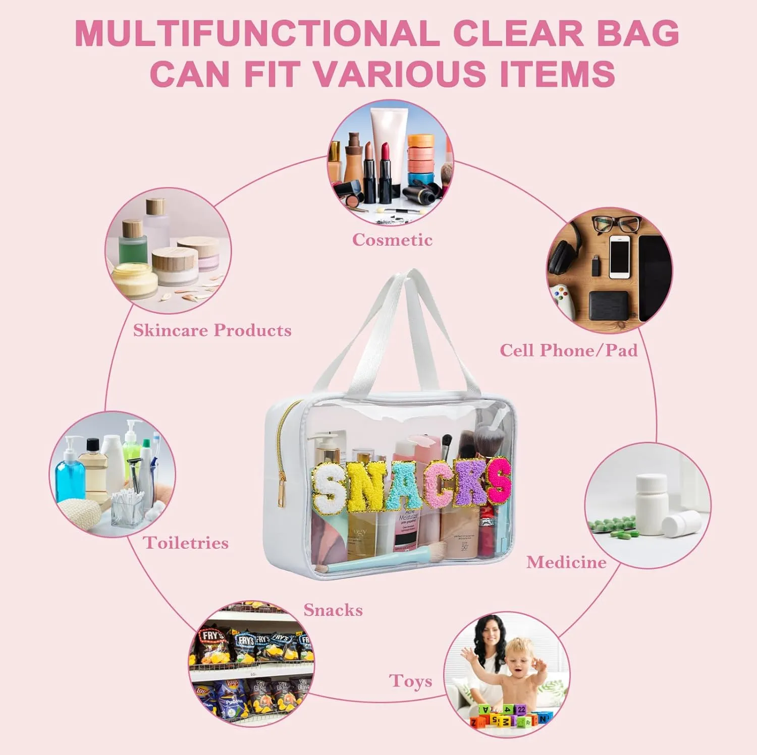 Yowivon Large Snack Bag for Travel, Waterproof Preppy Bag with Zipper & Handle, Clear Tote Bag for Beach, Camping, Business Trips, Swimming, Sports, Stadium Event, White, L