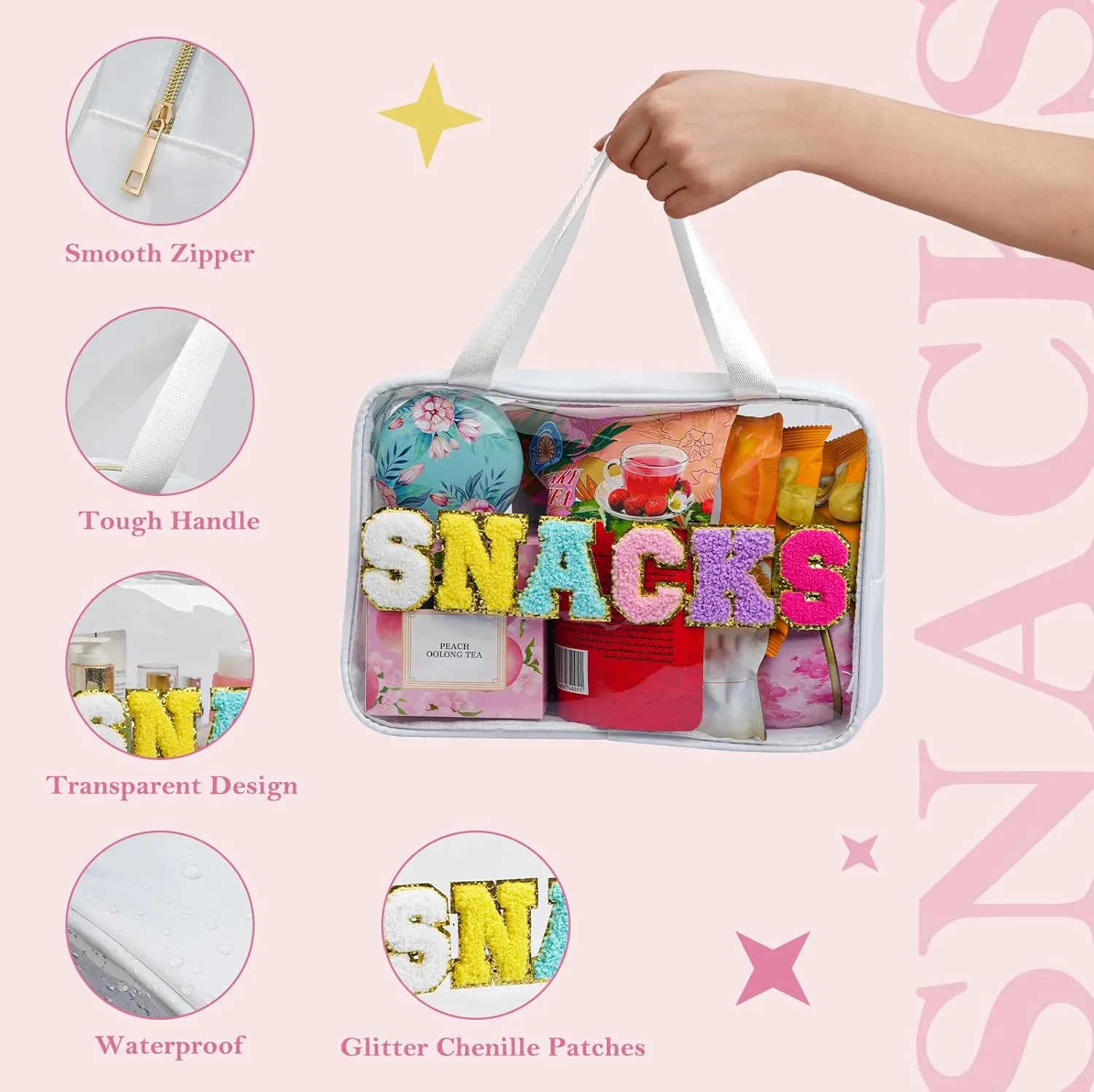 Yowivon Large Snack Bag for Travel, Waterproof Preppy Bag with Zipper & Handle, Clear Tote Bag for Beach, Camping, Business Trips, Swimming, Sports, Stadium Event, White, L