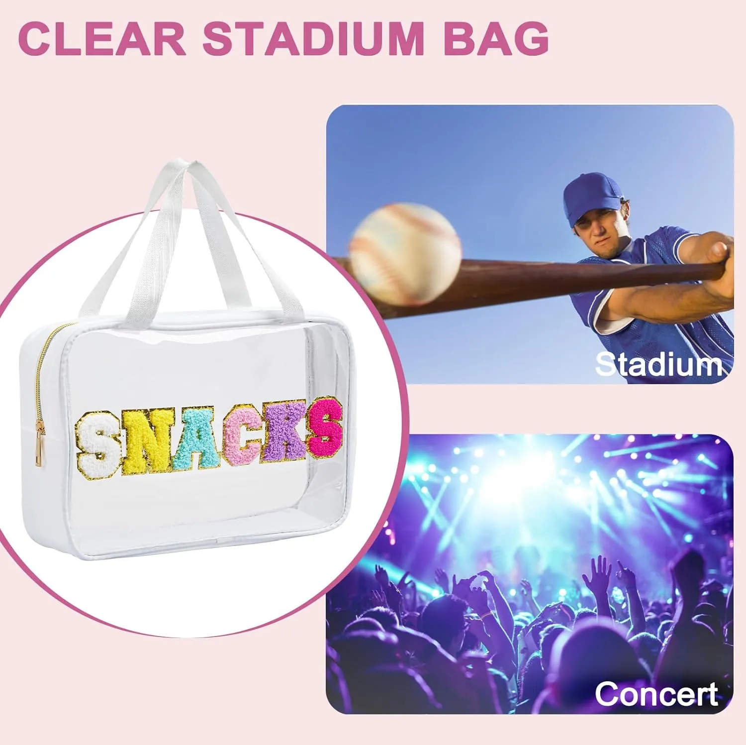 Yowivon Large Snack Bag for Travel, Waterproof Preppy Bag with Zipper & Handle, Clear Tote Bag for Beach, Camping, Business Trips, Swimming, Sports, Stadium Event, White, L