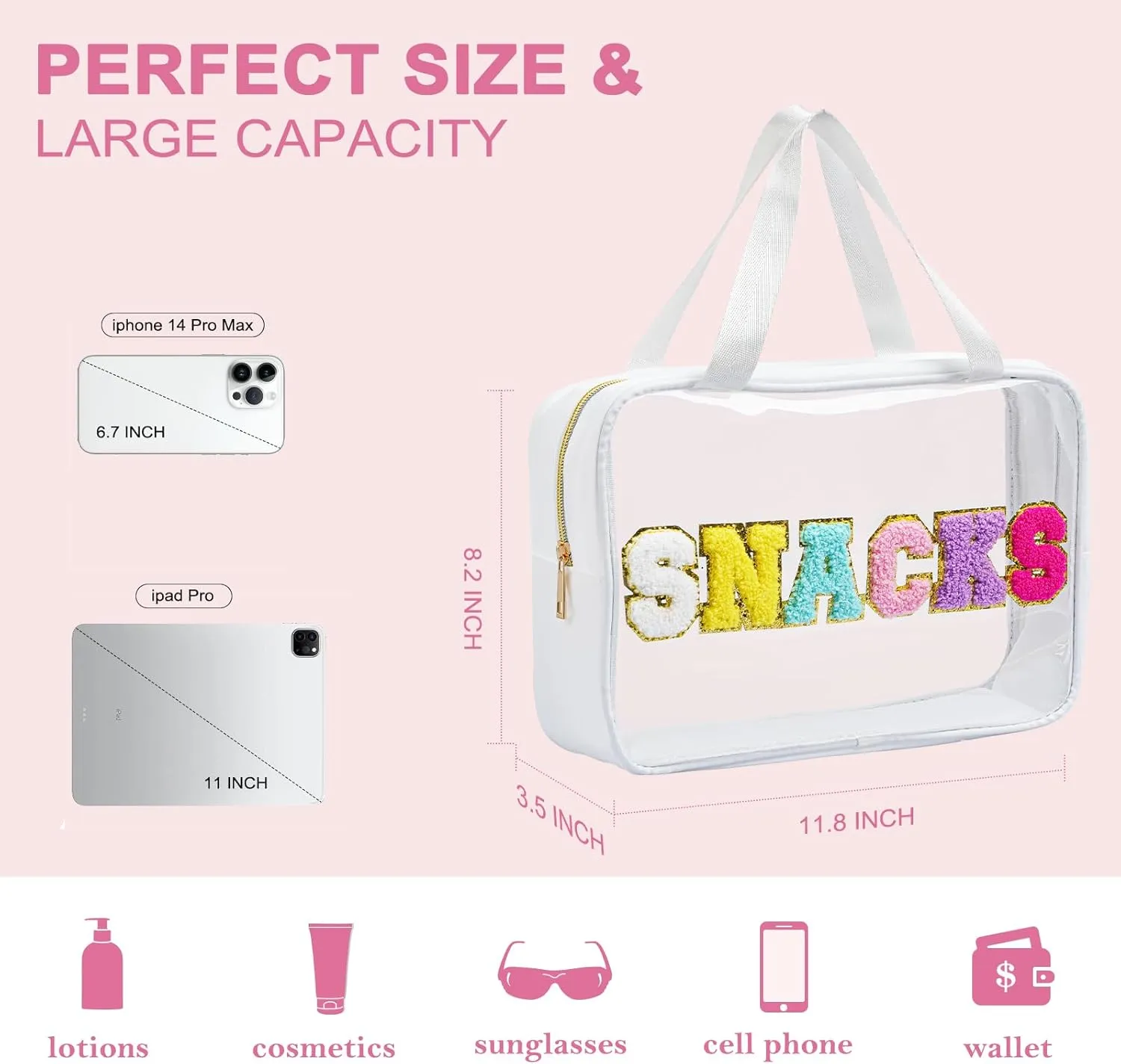 Yowivon Large Snack Bag for Travel, Waterproof Preppy Bag with Zipper & Handle, Clear Tote Bag for Beach, Camping, Business Trips, Swimming, Sports, Stadium Event, White, L
