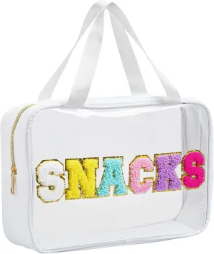Yowivon Large Snack Bag for Travel, Waterproof Preppy Bag with Zipper & Handle, Clear Tote Bag for Beach, Camping, Business Trips, Swimming, Sports, Stadium Event, White, L