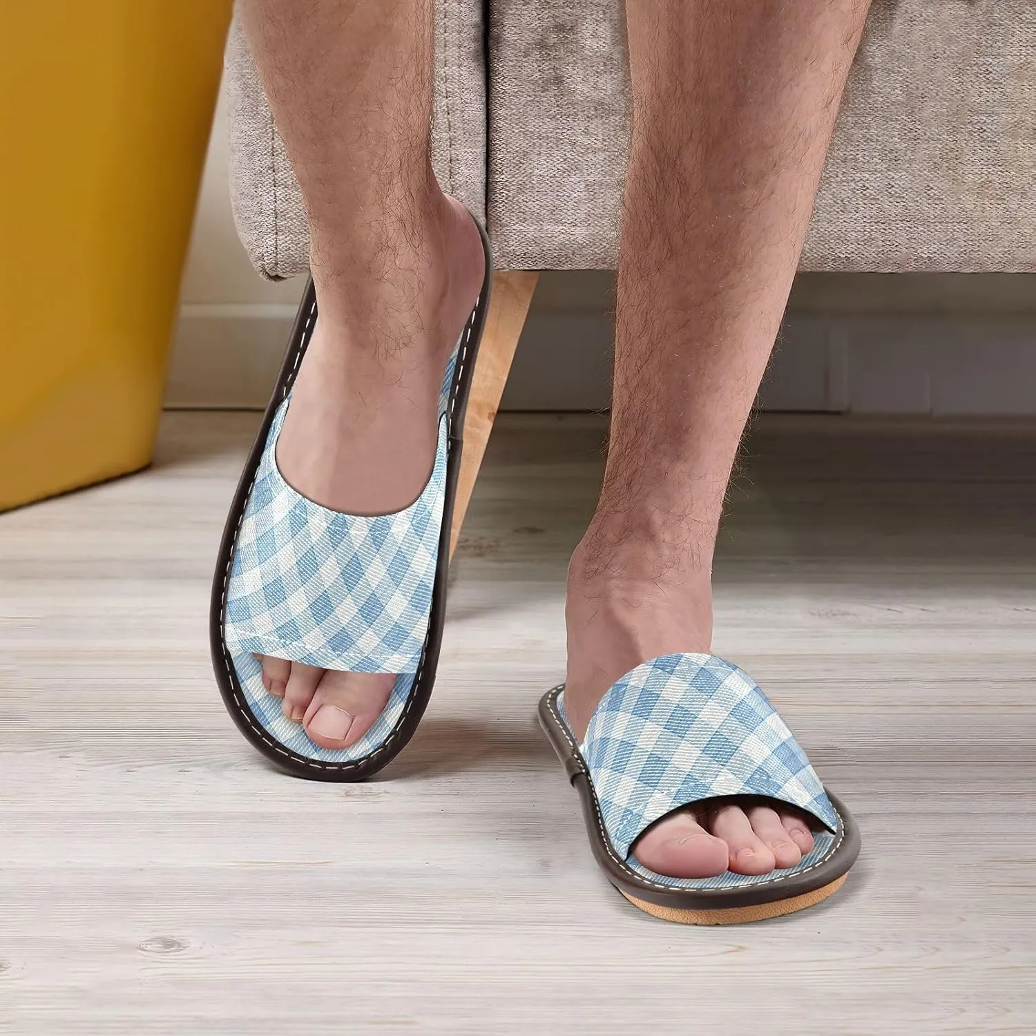 Yuiboo Light Steel Blue Checkeds Men Women Shower Slippers Reusable Slides Sandals for Home Home Beach