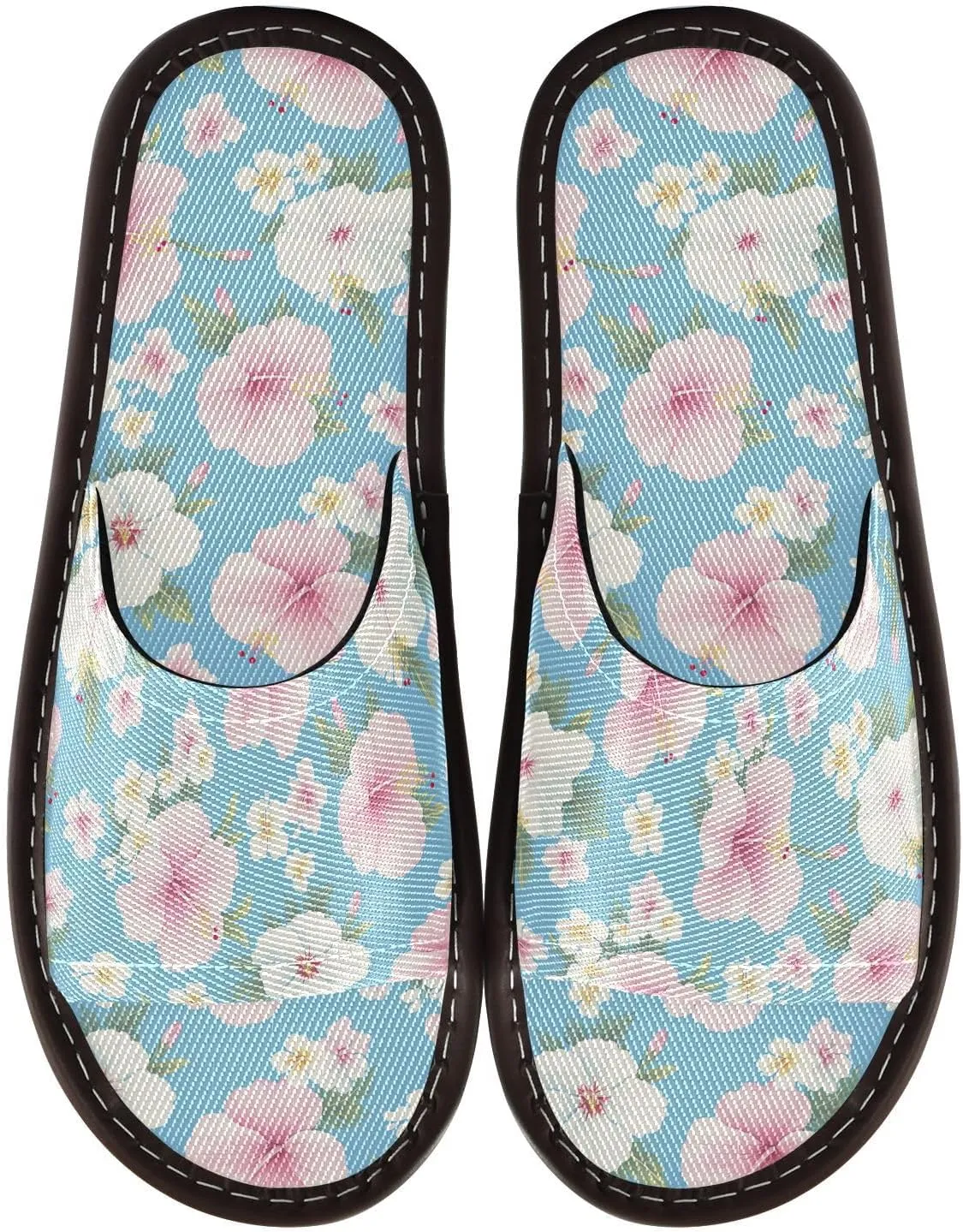 Yuiboo Pink Hibiscus Light Blue Womens Spa Shower Slippers Washable Beach Sandals for Bedroom Beach Hotel