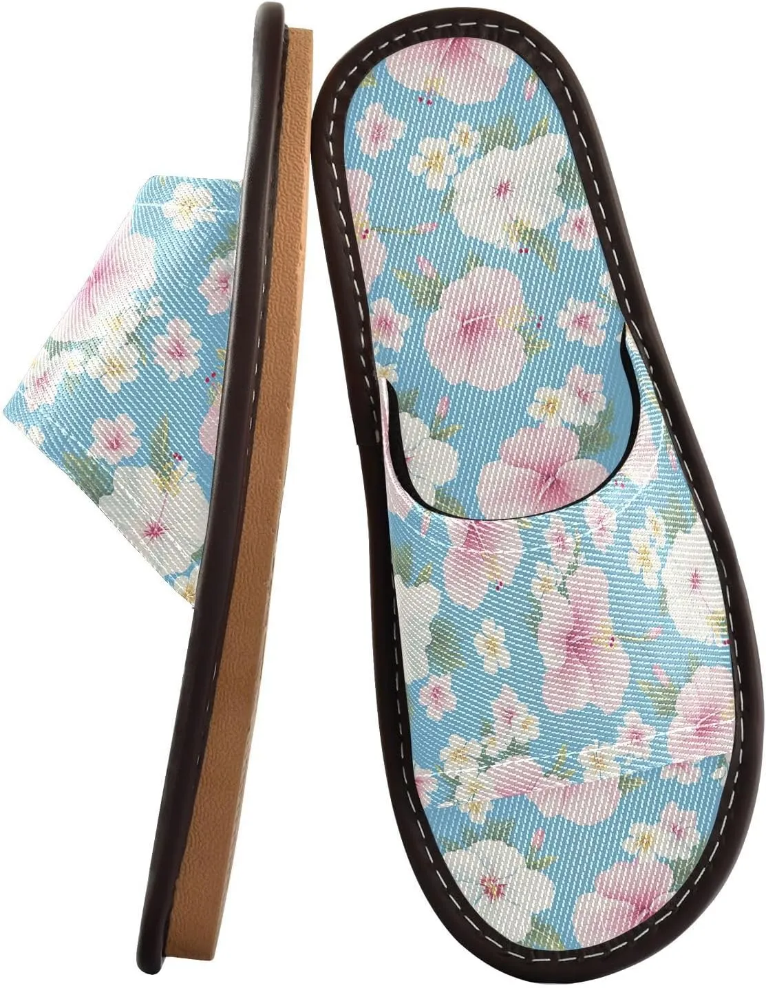 Yuiboo Pink Hibiscus Light Blue Womens Spa Shower Slippers Washable Beach Sandals for Bedroom Beach Hotel