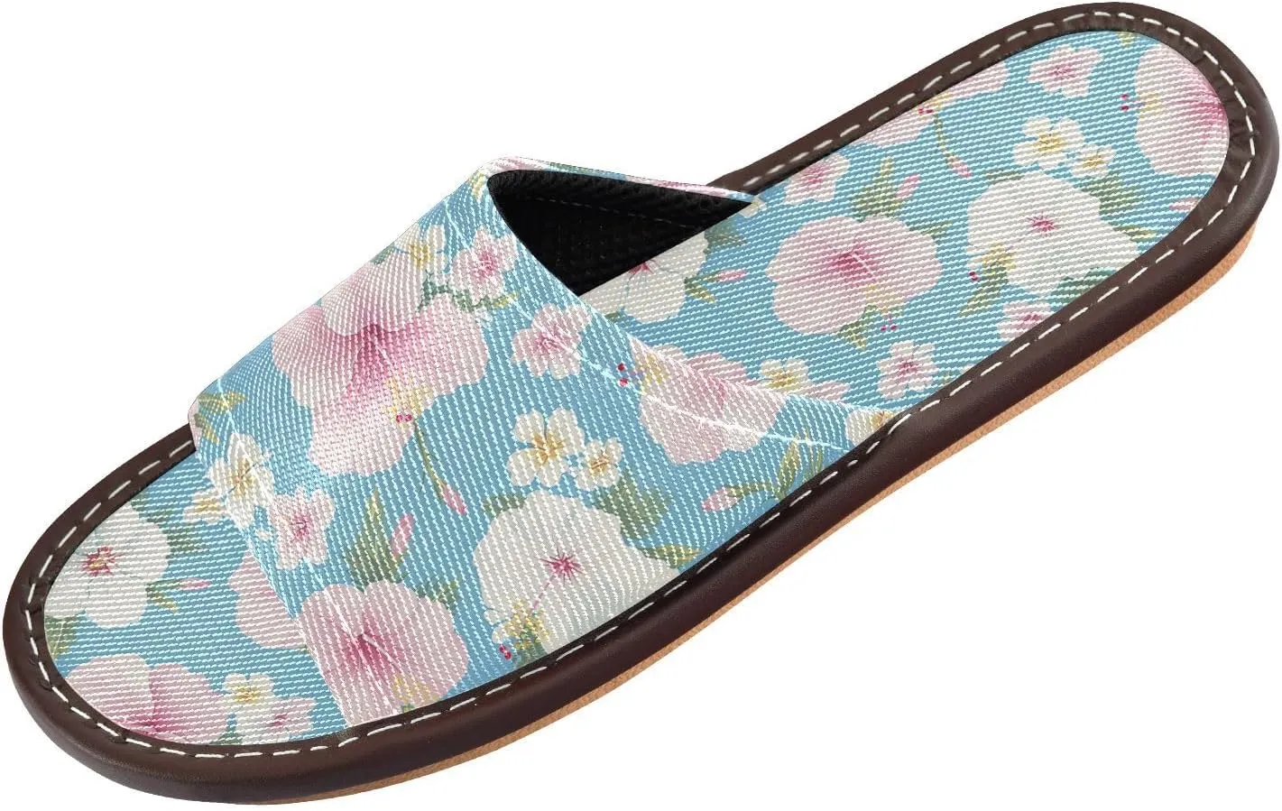 Yuiboo Pink Hibiscus Light Blue Womens Spa Shower Slippers Washable Beach Sandals for Bedroom Beach Hotel