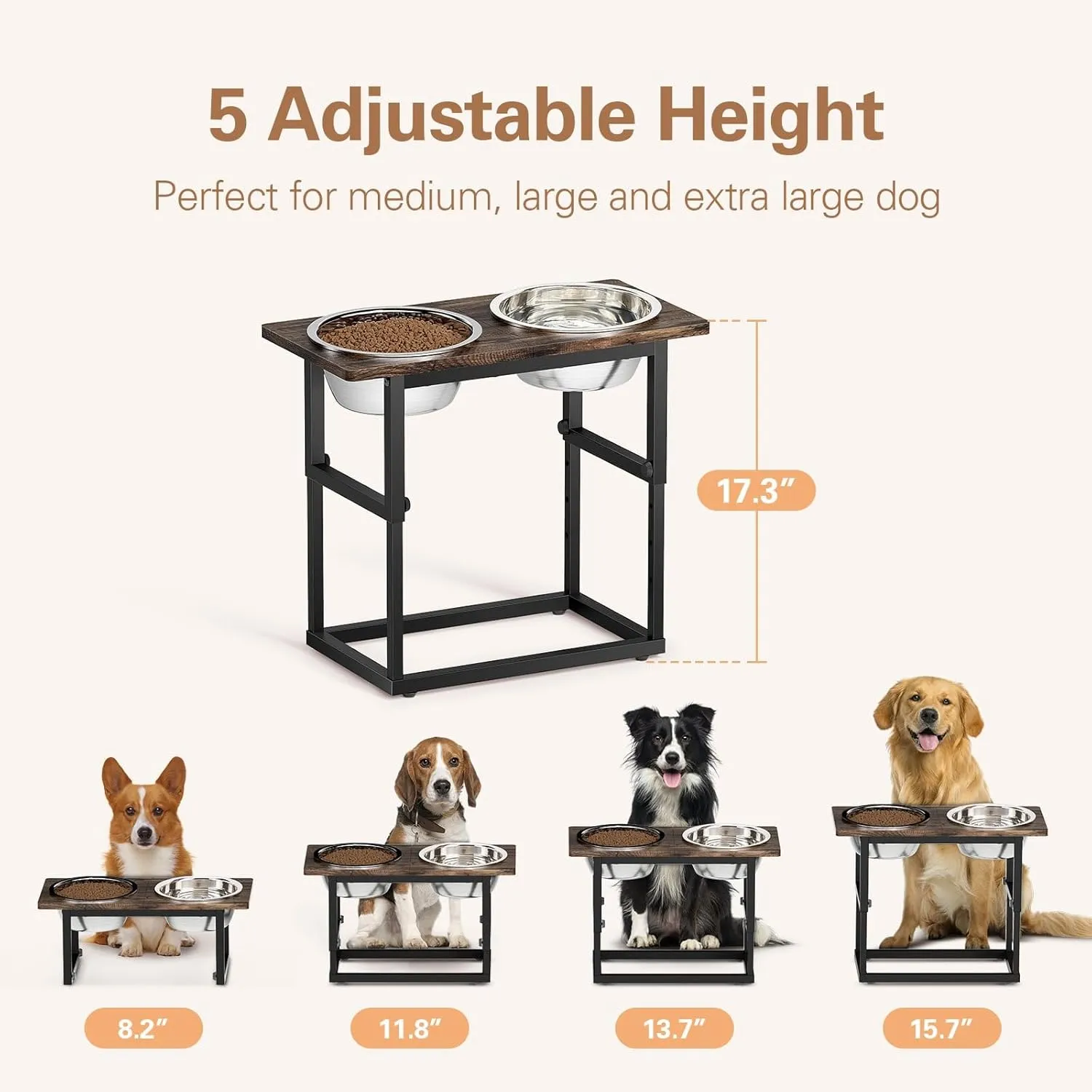 Zarler Elevated Dog Bowls for X-Large and Large Breed, 5 Adjustable Heights from 8.2'' - 17.3'', 2 Stainless Steel Bowls, 8.2'',11.8'',13.7'',15.7'',17.3'' Raised Dogs Food Bowl Stand