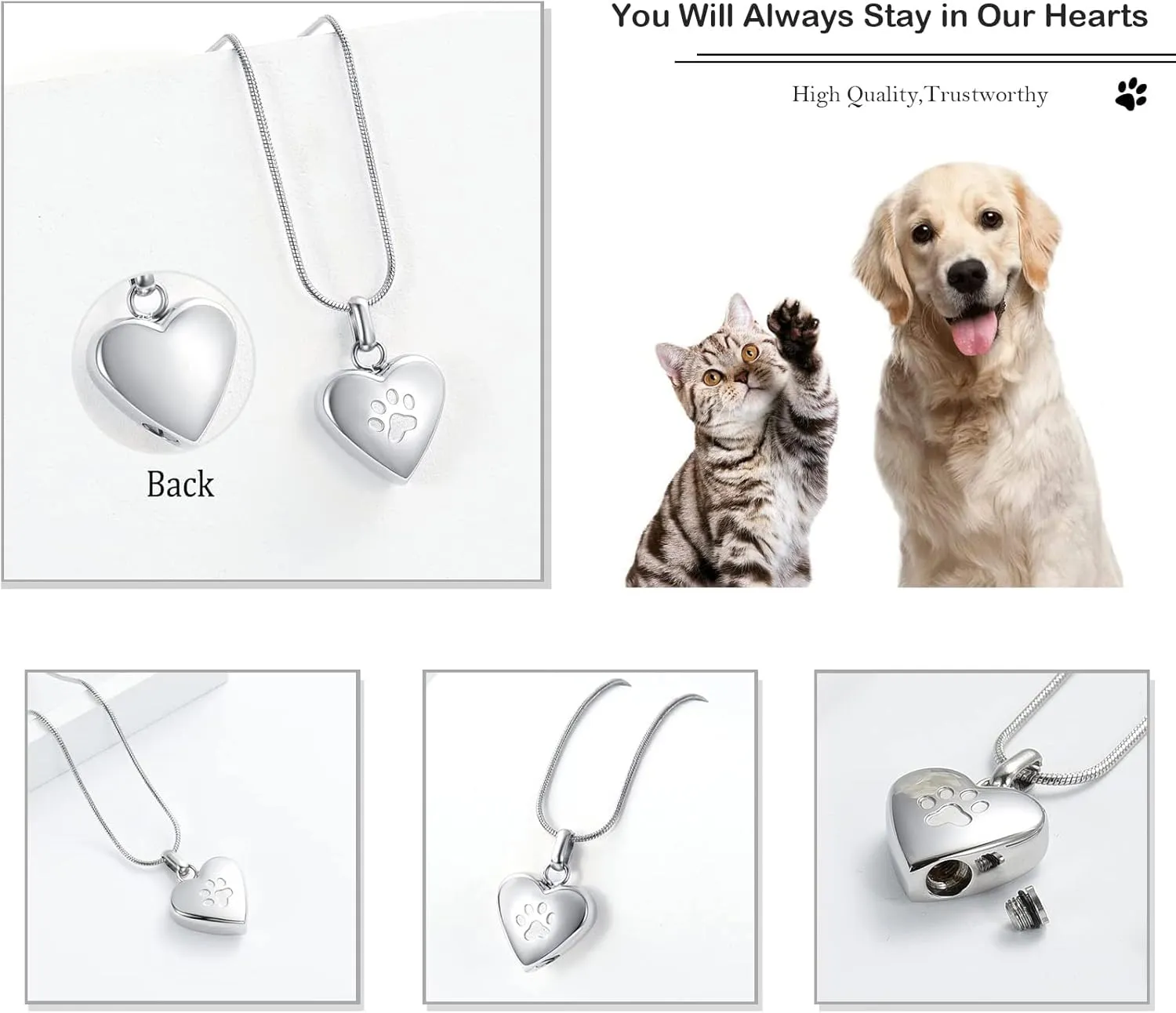 zeqingjw Pet Cremation Jewelry for Ashes Pendant Paw Print Pet Heart Urn Necklace Memorial Keepsake Jewelry for Pet/Dog's/Cat's Ashes