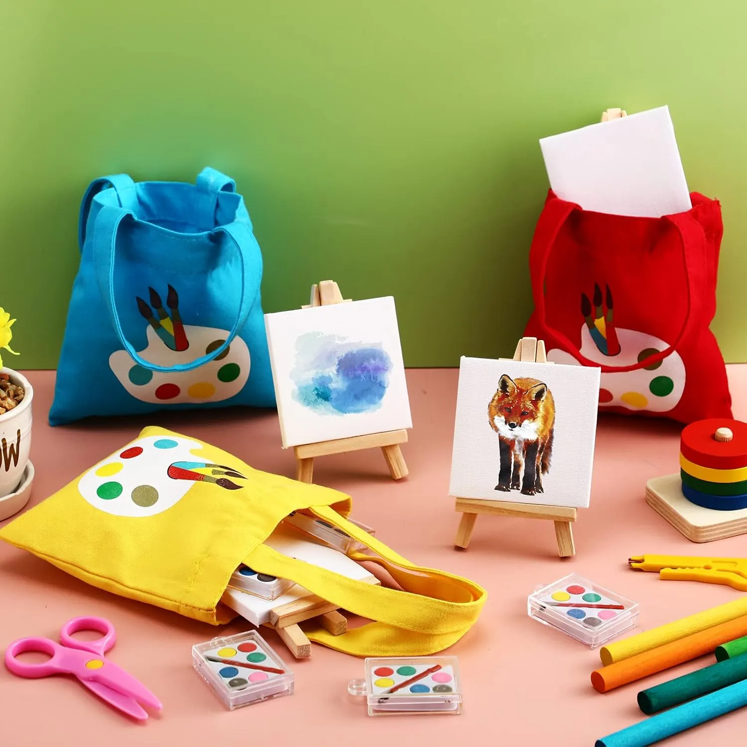 Zhengmy 12 Sets Watercolor Paint Art Party Favors Mini Paint Sets Canvas Tote Bags Goodie Bags 3'' x 3'' Canvas Panel with Wooden Easel Set for Easter Sip and Party