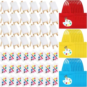 Zhengmy 12 Sets Watercolor Paint Art Party Favors Mini Paint Sets Canvas Tote Bags Goodie Bags 3'' x 3'' Canvas Panel with Wooden Easel Set for Easter Sip and Party