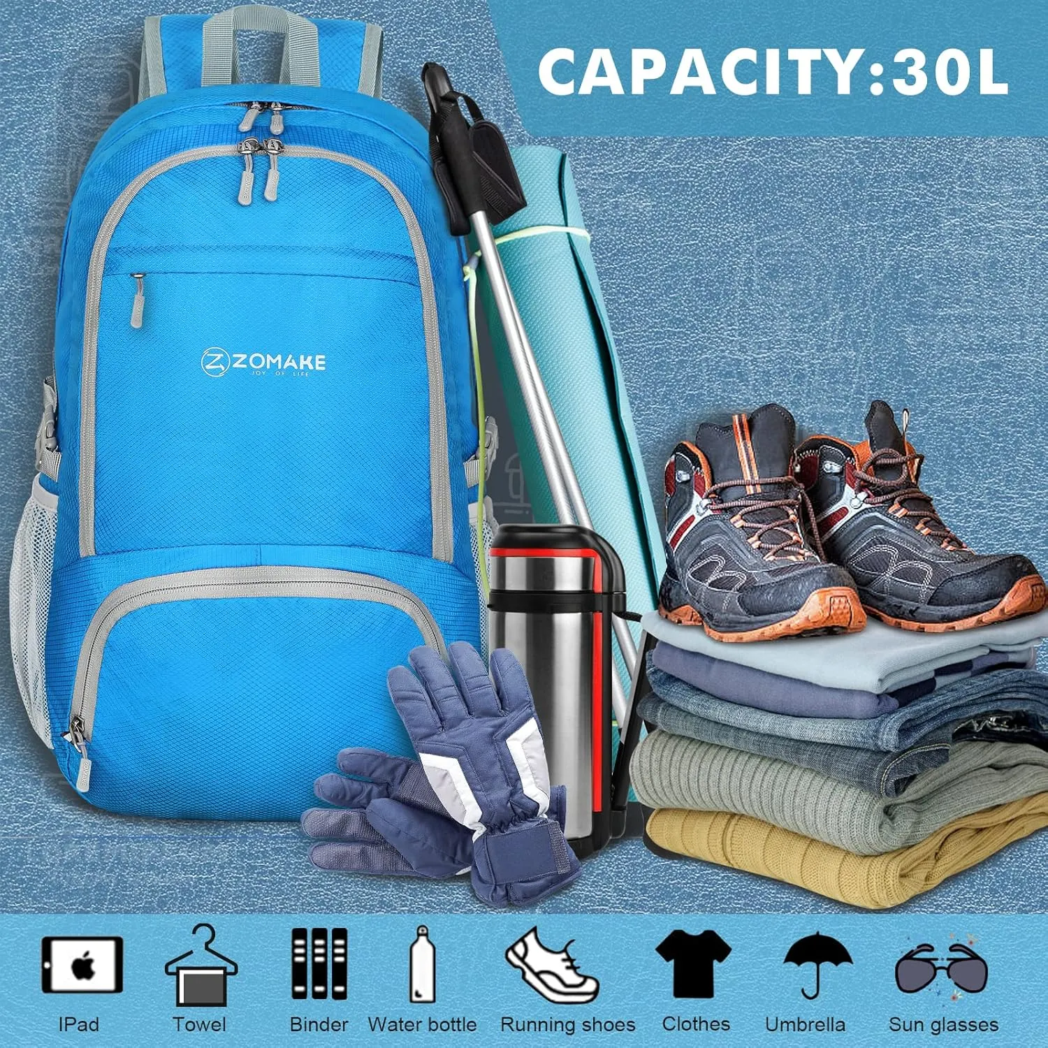 ZOMAKE Lightweight Packable Backpack 30L, Foldable Hiking Backpacks Water Resistant Compact Folding Daypack for Travel(Light Blue)