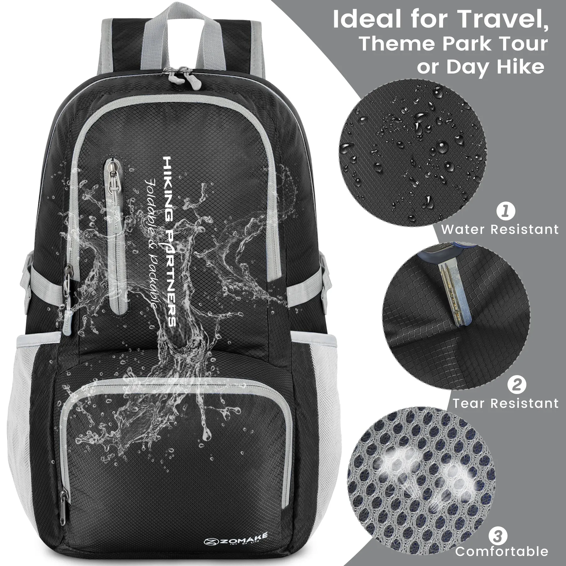 ZOMAKE Lightweight Packable Backpack, 35L Light Foldable Hiking Backpacks Water Resistant Collapsible Daypack for Travel(Black)