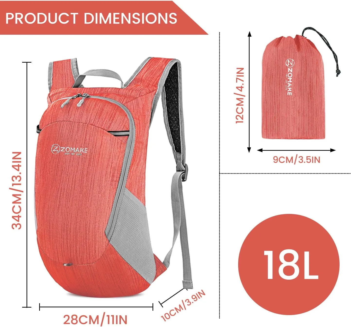 ZOMAKE Ultra Lightweight Packable Backpack 18L, Small Foldable Hiking Backpacks Water Resistant Folding Daypack for Travel(Red)